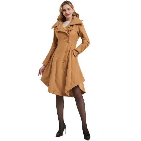 💫 Women Cream Long Trench Coat Wool Winter GothLapel Outwear Thick Hood Peacoat - Picture 2 of 6